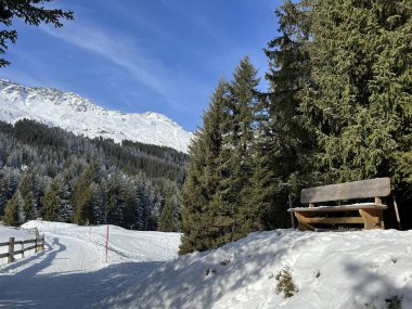 İsviçre Alpleri 'ndeki Valbella ve Lenzerheide tatil beldelerinde yürüyüş, yürüyüş, yürüyüş, spor ve dinlenme için mükemmel bir şekilde düzenlenmiş ve temizlenmiş kış patikaları - İsviçre' deki Grisonlar Kantonu, İsviçre (Schweiz)