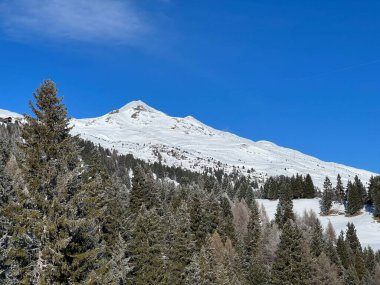 İsviçre 'nin İsviçre Alpleri' ndeki Valbella ve Lenzerheide tatil beldeleri üzerinde güneşli ve karla kaplı alp tepeleri - İsviçre Grisonlar Kantonu, İsviçre (Schweiz)