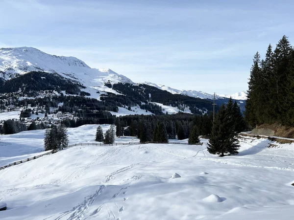 Wonderful Winter Hiking Trails Traces Winter Snowfall Tourist Resorts Valbella — Zdjęcie stockowe