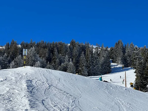 瑞士Grisons州Valbella和Lenzerheide旅游胜地地区令人惊奇的体育娱乐活动雪地冬季滑雪场和滑雪场 — 图库照片