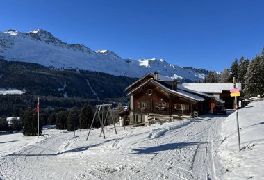 İsviçre Alpleri 'ndeki Valbella ve Lenzerheide tatil beldelerinin kış ortamlarında eski İsviçre kırsal mimarisi ve alp çiftlik hayvanları çiftlikleri (Schweiz)