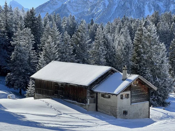 Oude Traditionele Zwitserse Landelijke Architectuur Alpine Veehouderijen Winterse Sfeer Van — Stockfoto
