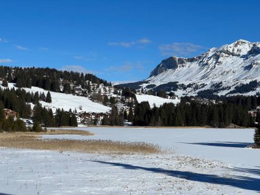 İsviçre 'nin Valbella ve Lenzerheide tatil beldelerindeki donmuş ve karla kaplı Heidsee (Igl Lai) alp gölünde tipik bir kış durağı - İsviçre' nin Grisonlar Kantonu (Schweiz)