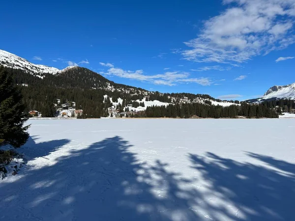 A typical winter idyll on the frozen and snow-covered alpine lake Heidsee (Igl Lai) in the Swiss winter resorts of Valbella and Lenzerheide - Canton of Grisons, Switzerland (Schweiz)