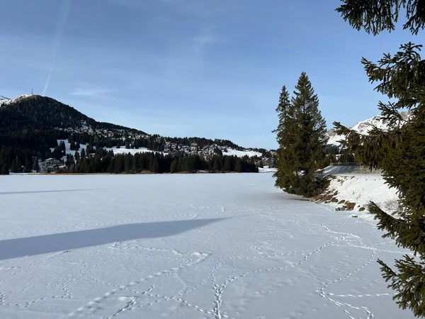 Typisk Vinteridyll Den Frusna Och Snötäckta Alpina Sjön Heidsee Igl — Stockfoto