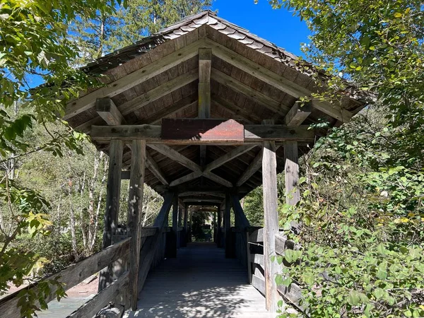 Stary Tradycyjny Drewniany Most Nad Rzeką Albulą Lub Zadaszony Drewniany — Zdjęcie stockowe
