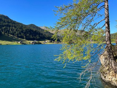 İsviçre 'nin ünlü Davos Gölü Alpler' in gölü Davos Gölü (Davosersee Oder Davoser See), Davos Dorf - Kanton of Grisons, İsviçre (Kanton Graubuenden, Schweiz)