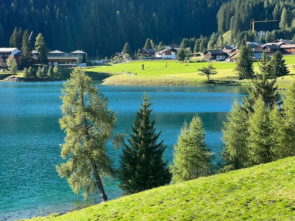 Знамените Швейцарське Гірське Озеро Давос Спорту Відпочинку Самому Серці Альп — стокове фото
