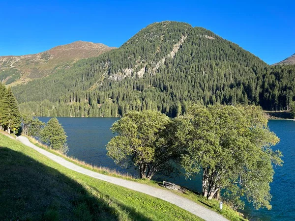 Szlak Sportowo Rekreacyjny Wzdłuż Alpejskiego Jeziora Davos Lub Pętla Wokół Obrazy Stockowe bez tantiem