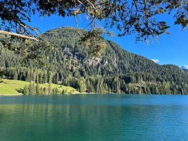 İsviçre 'nin ünlü Davos Gölü Alpler' in gölü Davos Gölü (Davosersee Oder Davoser See), Davos Dorf - Kanton of Grisons, İsviçre (Kanton Graubuenden, Schweiz)