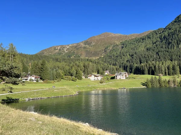 İsviçre 'nin ünlü Davos Gölü Alpler' in gölü Davos Gölü (Davosersee Oder Davoser See), Davos Dorf - Kanton of Grisons, İsviçre (Kanton Graubuenden, Schweiz)