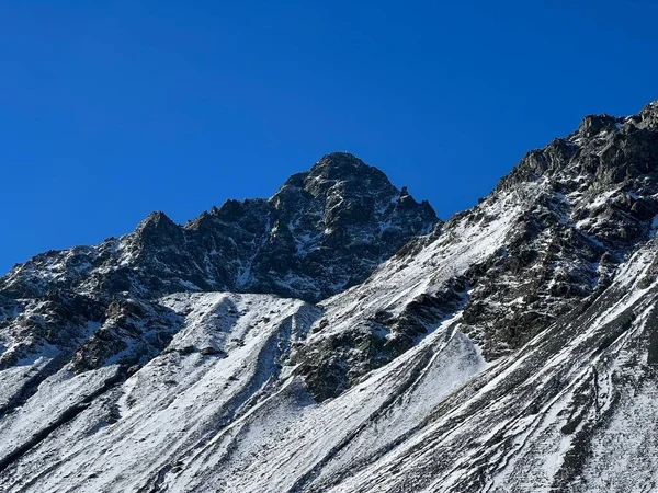 Primeira Neve Pico Rochoso Montanha Schwarzhorn 3147 Nos Alpes Albula — Fotografia de Stock