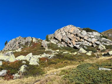 Albula Alpleri ve İsviçre dağ yolu üzerindeki sonbahar Alp dağlarında kayalar ve taşlar Fluela (Fluelapass), Zernez - Grisonlar Kantonu, İsviçre (Kanton Graubuenden, Schweiz)