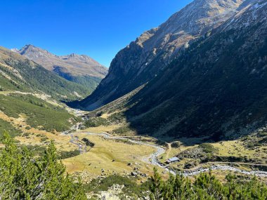 Alp Vadisi 'nin güzel sonbahar manzarası Val Grialetsch ve Albula Alp Dağları' ndaki Aua da Grialetsch nehri, Zernez Kantonu, İsviçre (Kanton Graubuenden, Schweiz)