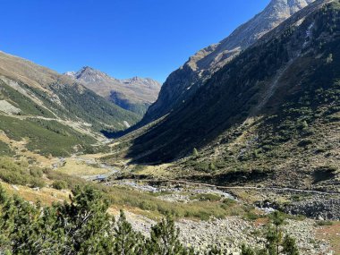 Alp Vadisi 'nin güzel sonbahar manzarası Val Grialetsch ve Albula Alp Dağları' ndaki Aua da Grialetsch nehri, Zernez Kantonu, İsviçre (Kanton Graubuenden, Schweiz)
