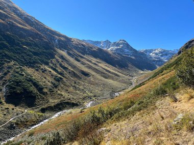 Alp Vadisi 'nin güzel sonbahar manzarası Val Grialetsch ve Albula Alp Dağları' ndaki Aua da Grialetsch nehri, Zernez Kantonu, İsviçre (Kanton Graubuenden, Schweiz)