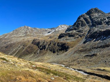 Alp Vadisi 'nin güzel sonbahar manzarası Val Grialetsch ve Albula Alp Dağları' ndaki Aua da Grialetsch nehri, Zernez Kantonu, İsviçre (Kanton Graubuenden, Schweiz)