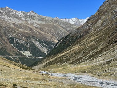 Alp Vadisi 'nin güzel sonbahar manzarası Val Grialetsch ve Albula Alp Dağları' ndaki Aua da Grialetsch nehri, Zernez Kantonu, İsviçre (Kanton Graubuenden, Schweiz)