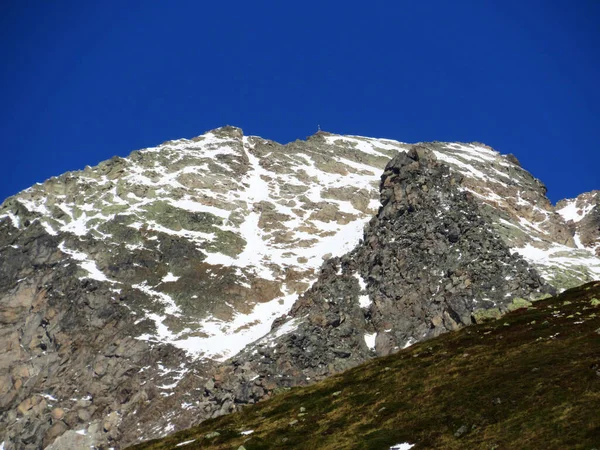 Pierwszy Śnieg Skalistym Szczycie Góry Fluela Wisshorn 3085 Alpach Szwajcarskich — Zdjęcie stockowe