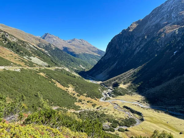 Alp Vadisi 'nin güzel sonbahar manzarası Val Grialetsch ve Albula Alp Dağları' ndaki Aua da Grialetsch nehri, Zernez Kantonu, İsviçre (Kanton Graubuenden, Schweiz)