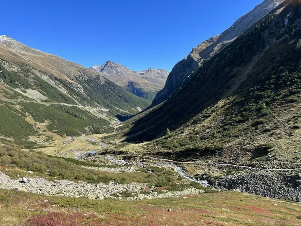 Alp Vadisi 'nin güzel sonbahar manzarası Val Grialetsch ve Albula Alp Dağları' ndaki Aua da Grialetsch nehri, Zernez Kantonu, İsviçre (Kanton Graubuenden, Schweiz)