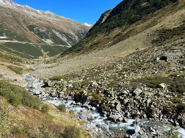 Alp Vadisi 'nin güzel sonbahar manzarası Val Grialetsch ve Albula Alp Dağları' ndaki Aua da Grialetsch nehri, Zernez Kantonu, İsviçre (Kanton Graubuenden, Schweiz)