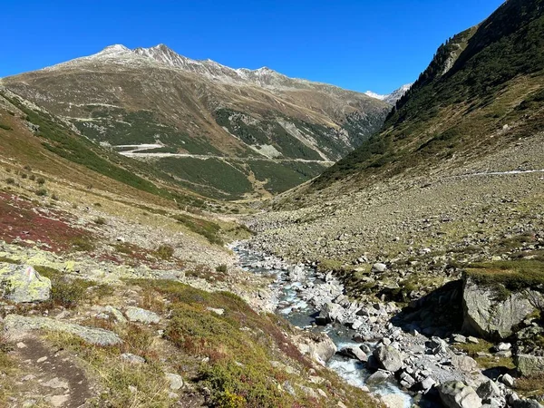 Beautiful Autumn Panorama Alpine Valley Val Grialetsch Stream Aua Grialetsch — Stock Photo, Image