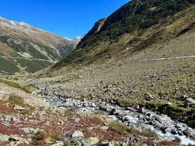 Dağ deresi Aua da Grialetsch Albula Alpleri 'nin güzel sonbahar manzarası Val Grialetsch, Zernez - Grisonlar Kantonu, İsviçre (Kanton Graubuenden, Schweiz)