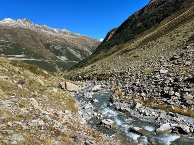 Dağ deresi Aua da Grialetsch Albula Alpleri 'nin güzel sonbahar manzarası Val Grialetsch, Zernez - Grisonlar Kantonu, İsviçre (Kanton Graubuenden, Schweiz)