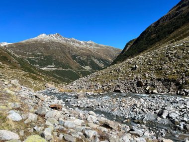 Dağ deresi Aua da Grialetsch Albula Alpleri 'nin güzel sonbahar manzarası Val Grialetsch, Zernez - Grisonlar Kantonu, İsviçre (Kanton Graubuenden, Schweiz)