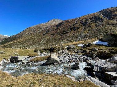 Dağ deresi Aua da Grialetsch Albula Alpleri 'nin güzel sonbahar manzarası Val Grialetsch, Zernez - Grisonlar Kantonu, İsviçre (Kanton Graubuenden, Schweiz)