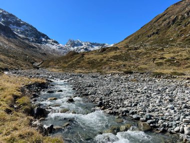 Dağ deresi Aua da Grialetsch Albula Alpleri 'nin güzel sonbahar manzarası Val Grialetsch, Zernez - Grisonlar Kantonu, İsviçre (Kanton Graubuenden, Schweiz)