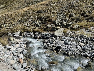 Dağ deresi Aua da Grialetsch Albula Alpleri 'nin güzel sonbahar manzarası Val Grialetsch, Zernez - Grisonlar Kantonu, İsviçre (Kanton Graubuenden, Schweiz)