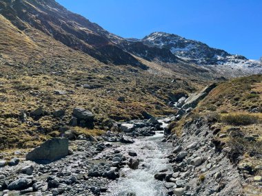 Dağ deresi Aua da Grialetsch Albula Alpleri 'nin güzel sonbahar manzarası Val Grialetsch, Zernez - Grisonlar Kantonu, İsviçre (Kanton Graubuenden, Schweiz)