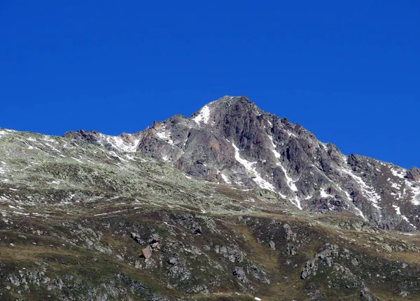First Snow Rocky Mountain Peak Piz Champatsch 2946 Swiss Alps — Stock Photo, Image