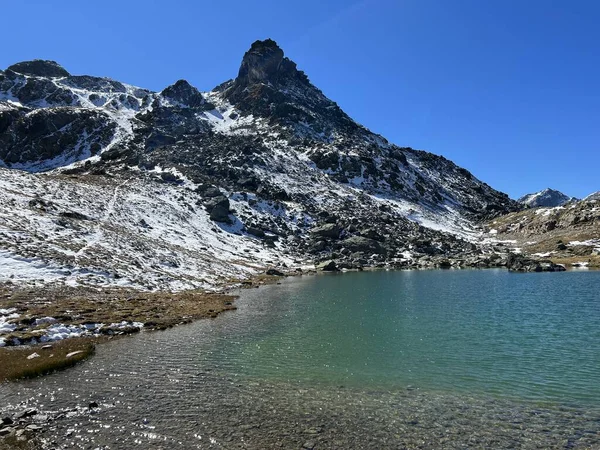 瑞士格里森州泽里尼斯Albula阿尔卑斯山地块上的高山湖泊 Chamanna Grialetsch Cas或Grialetsch Huette Sac Kanton Graubuenden Schweiz — 图库照片