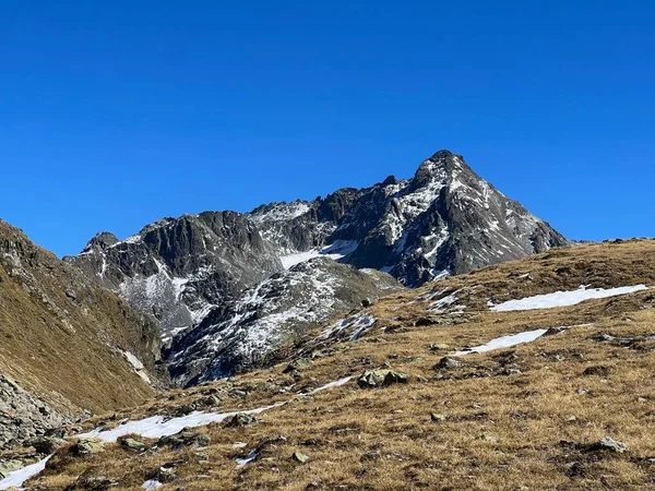 Primera Nieve Pico Rocoso Piz Sarsura Pitschen 3132 Los Alpes —  Fotos de Stock