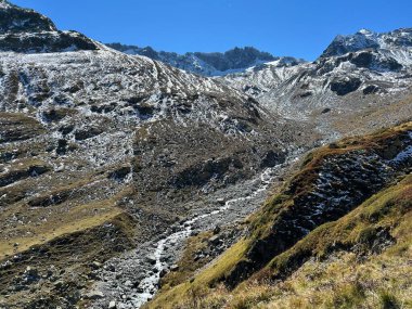 Dağ deresi Aua da Grialetsch Albula Alpleri 'nin güzel sonbahar manzarası Val Grialetsch, Zernez - Grisonlar Kantonu, İsviçre (Kanton Graubuenden, Schweiz)