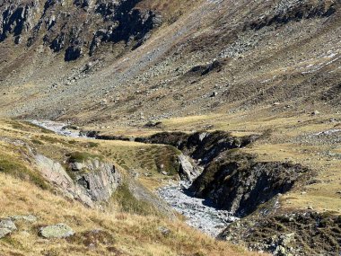 Dağ deresi Aua da Grialetsch Albula Alpleri 'nin güzel sonbahar manzarası Val Grialetsch, Zernez - Grisonlar Kantonu, İsviçre (Kanton Graubuenden, Schweiz)