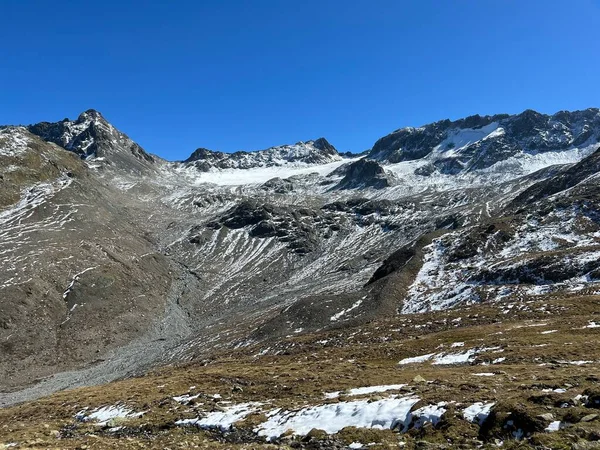 Wczesna Jesień Pozostałości Lodowca Alpejskiego Vardet Grialetsch Masywie Albuli Zernez — Zdjęcie stockowe