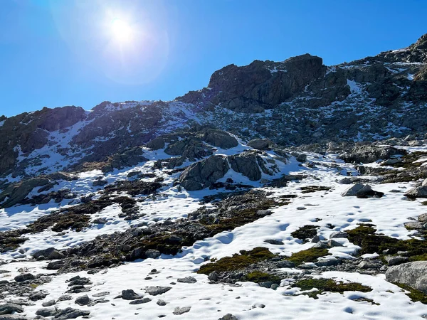 stock image The melting of fresh autumn snow in the wonderful environment of the Swiss mountain massif Abula Alps, Zernez - Canton of Grisons, Switzerland (Kanton Graubuenden, Schweiz)