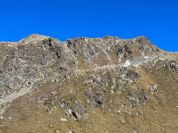 秋の岩と石アルブラ アルプスの高山環境とスイスの山道の上には フレーラ フラパス ゼネス グリソンのカントン スイス カントン グラウブエンデン スイス — ストック写真