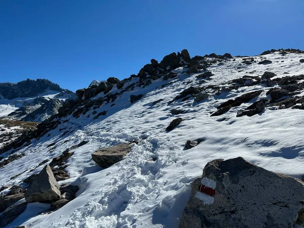 位于瑞士格里森州Zernez的瑞士Albula阿尔卑斯山脉地块 Kanton Graubuenden Schweiz 这是本季初秋道路上的第一场雪 — 图库照片