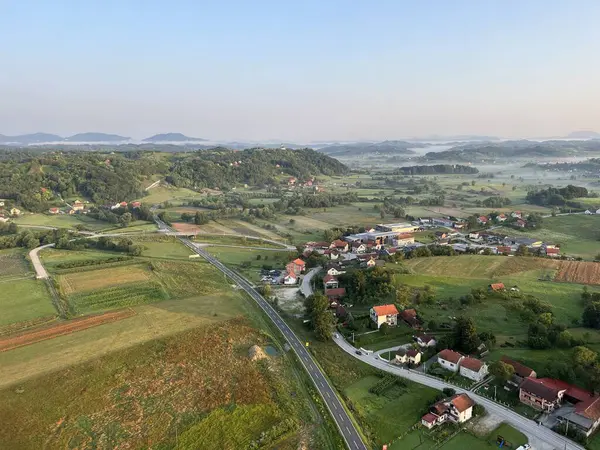 Veduta Delle Foreste Campi Villaggi Colline Zagorje Durante Volo Panoramico — Foto Stock