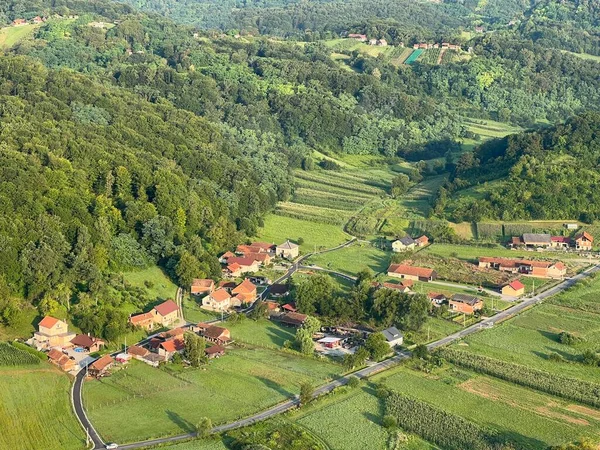 View Forests Fields Villages Zagorje Hills Panoramic Balloon Flight Croatian — Stock Photo, Image