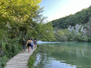 Plitvice Gölleri Ulusal Parkı 'ndaki göller ve orman boyunca tahta patikalar ve geçitler - Plitvica, Hırvatistan (Drvene staze i setnice u Nacionalnom parku Plitvicka jezera - Hrvatska)