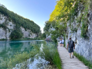 Plitvice Gölleri Ulusal Parkı 'ndaki göller ve orman boyunca tahta patikalar ve geçitler - Plitvica, Hırvatistan (Drvene staze i setnice u Nacionalnom parku Plitvicka jezera - Hrvatska)