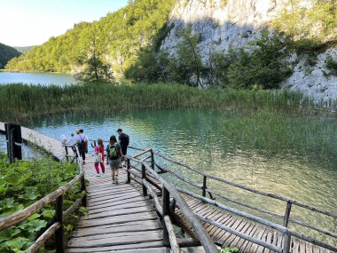 Plitvice Gölleri Ulusal Parkı 'ndaki göller ve orman boyunca tahta patikalar ve geçitler - Plitvica, Hırvatistan (Drvene staze i setnice u Nacionalnom parku Plitvicka jezera - Hrvatska)