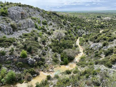 Przun tepesinin eteğindeki engebeli bir kanyonda Bijela voda ya da Bijeli Nehri - Hırvatistan (Rijeka Bijela voda ili Bijeli potok u krsevitom kanjonu podno brda Przun - Hrvatska)