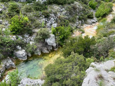 Przun tepesinin eteğindeki engebeli bir kanyonda Bijela voda ya da Bijeli Nehri - Hırvatistan (Rijeka Bijela voda ili Bijeli potok u krsevitom kanjonu podno brda Przun - Hrvatska)